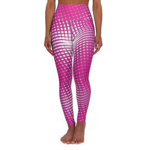 Stylish High Waisted Yoga Leggings - Vibrant Pink Grid Design