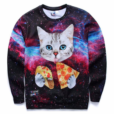 3D Men and Women Crazy Cat Pizza Eating Sweatshirt